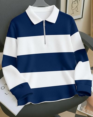 Image of Mens Stylish Half Zip Tshirt, Texture Striped Casual T-Shirt for Men, Formal Collared Neck Full Sleeves T-Shirt for Boys