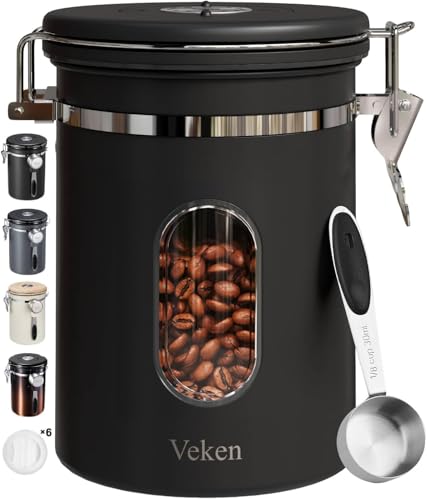 Veken Coffee Canister with Window, Airtight Stainless Steel Kitchen Food Storage Container with Date Tracker and Scoop for Grounds Coffee, Beans, Tea, Flour, Cereal, Sugar, 22OZ，Black