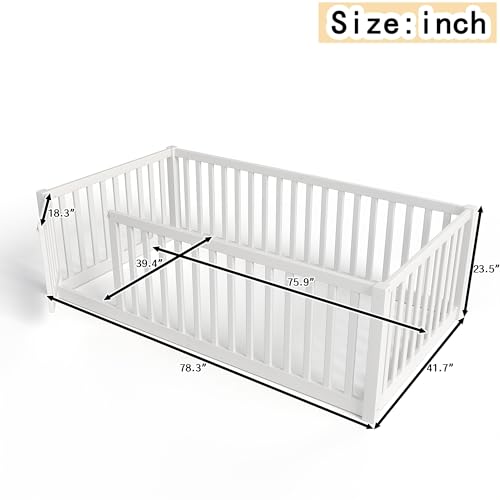 Image of Bellemave Twin Size Kids Montessori Floor Bed with Door,Solid Wood Floor Bed Frame with High Fence for Girls,Boys,White
