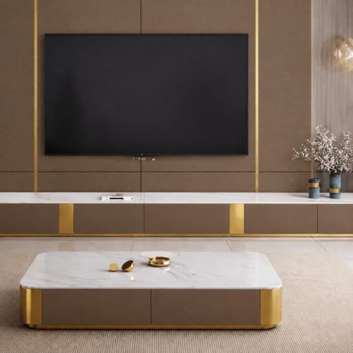 Image of WOODEN SPACE Jaguar Modern Marble Top Coffee Table with Storage | 47.24 Inch Rectangular Centre Table for Living Room | High Gloss Finish (Brown)