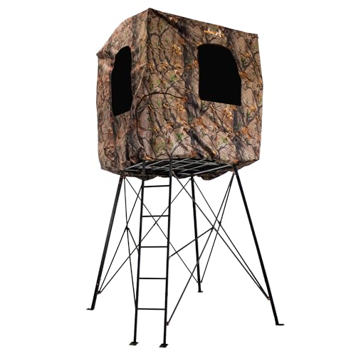 MUDDY Roost Quad Pod 10' Steel Hunting Stand with 57" x 57" Platform, Ladder Access, 2 Flex-Tek Seats, and Camo Blind, 500 Lb Weight Rating