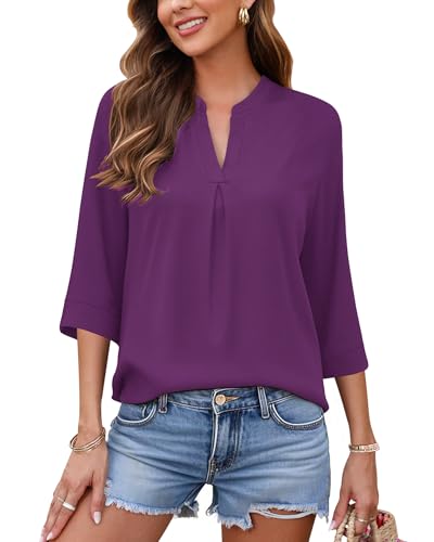 AUSELILY Womens 2025 Dressy Blouses Casual 3/4 Sleeve V Neck Pleated Work Shirts
