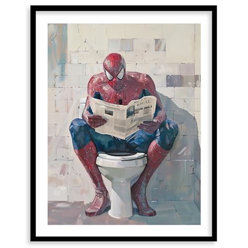 Spiderman Bathroom Home Décor Art Print - Premium Giclee Fine Art Prints - Aesthetic Modern Vintage Painting Style Super Hero Wall Art Print Poster for Home and Bathroom Decor, Ready to Frame