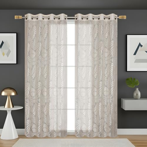 Image of Fabrilia Leaf Pattern Net Sheer Curtains for Window | Premium Semi Transparent Curtain with Elegant Botanical Leaf Design | Cream | 5 feet | Set of 2