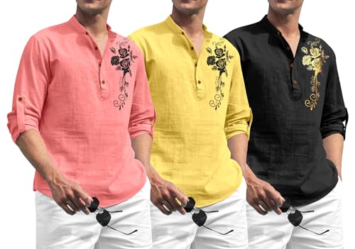 Chemises manches courtes homme lot de 3 motif imprimé jaune pêche noir S