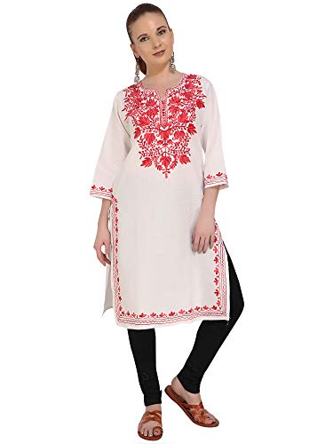 Image of QAZMI Women's Floral Aari Embroidered Viscose Rayon 3 /4 Sleeves Straight Kurta