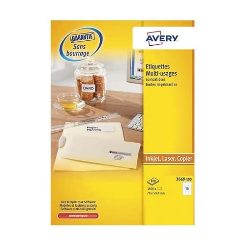 AVERY - UltraGrip Labels - Customisable and Printable - 70 x 50.8mm - Laser, Inkjet, Photocopier - Pack of 1500 (3669-100)