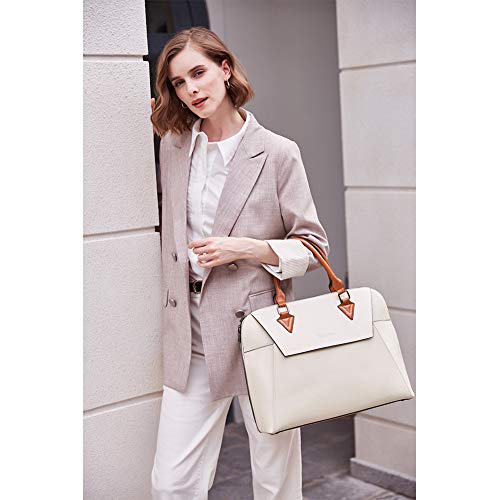 Bostanten Briefcase For Women Leather 15.6 Inch Laptop Shoulder Bag Office Work Crossbody Handbag Beige-White #TOP1
