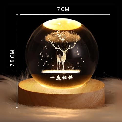 Image of 3D Deer Crystal Ball Night Lamp, Creative Engraved, USB Table LED Wooden Crystal Ball for Home Office Decoration Birthday Gift Adults (Deer)(Warm White)