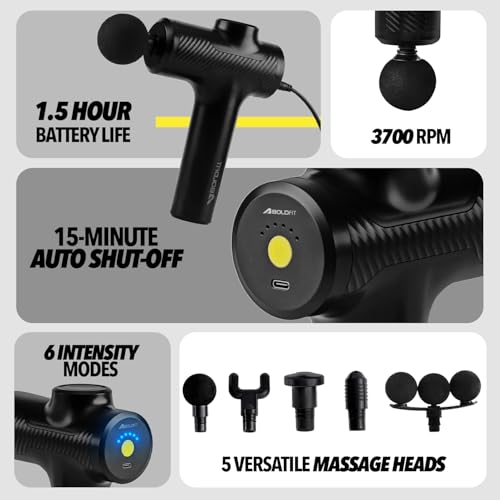 Image of Boldfit BoldGun Thrust Full Body Massage Gun for Pain Relief - Deep Tissue Muscle Massager with 4 Pro Heads, 6 Speed Levels & Type-C Charging for Gym & Home, Black