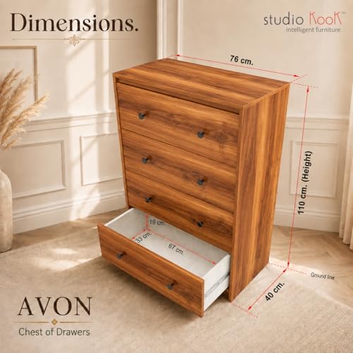 Image of Studio Kook Avon Engineered Wood Chest of Drawers, 4 Drawers (Matte Finish) (Amber Walnut)