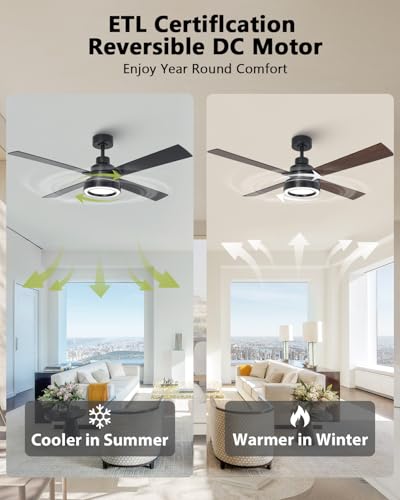 Image of 52 Inch Black Ceiling Fan with Light and Remote, Indoor Outdoor Modern Black Ceiling Fan, 3CCT Dimmable, Reversible Motor, Dual-Sided Blades Ceiling Fans for Bedroom Living Room Patio -Upgraded