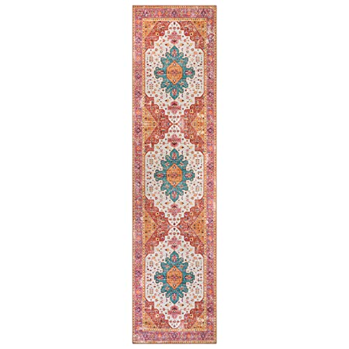 Moynesa Ultra-Thin Washable Rug - 2'6" x 10' Pink Long Hallway Carpet, Vintage Non Skid Non Shedding Low Pile Bedroom Mat for Girl's Room, Bathroom, Kitchen