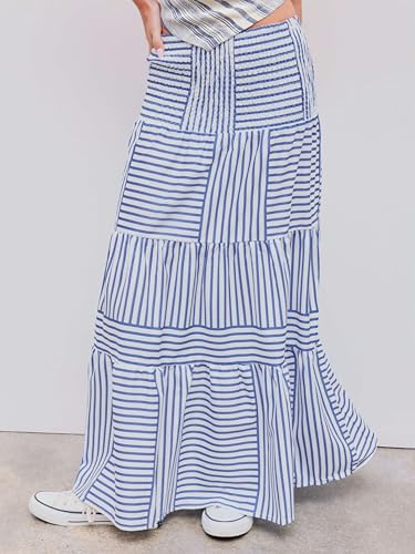 Image of CIDER Womens Casual Dresses Strapless Tube Stripped Shirred A Line Blue Beach Vacation Midi Dress Maxi Skirts