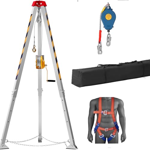 VEVOR Confined Space Tripod Kit w/1200 lbs Winch, Confined Space Tripod 7' Legs and 98' Cable, Confined Space Rescue Tripod 33 Fall Protection, Harness, Storage Bag for Traditional Confined Spaces