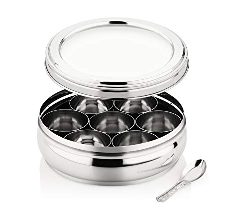 Image of SEGA Stainless Steel Belly Shape Masala Dabba with See Through Lid - Spice Organizer Box with 7 Masala Containers and Small Spoon for Stylish Kitchen Use, Silver - 750 ml