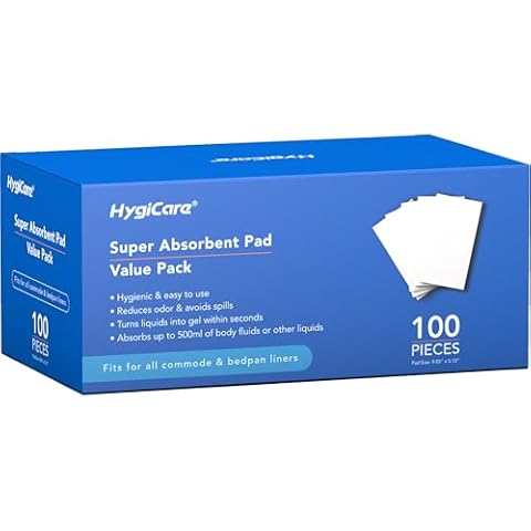 HygiCare 100 Count Super Absorbent Commode Pads for Bedside Commode Chairs, Bed Pans, and Portable Toilets, Fits Commode Liners and Bedpan Liners, for Adults, Seniors, Medical Care, and Camping Cover