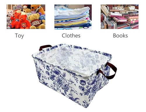 Image of Rectangle Storage Basket Cute Canvas Organizer Bin for Pet /Children Toys, Books, Clothes Perfect for Rooms /Playroom (Blue and White Porcelain)