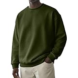 Crewneck Sweatshirt for Men Waffle Quilted Long Sleeve Pullover Casual Comfy Sweater Athletic Vintage Pullover（3-Army Green,X-Large）