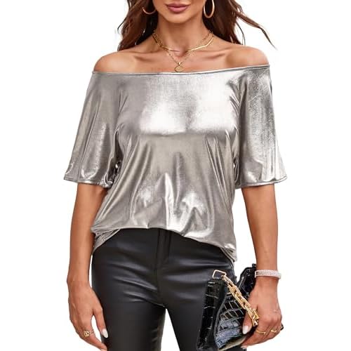 VIDUSSA Women's Off Shoulder Tops Sequin Sparkly Glitter Casual Loose Shirts Short Sleeve Tunic Blouses Large Silver