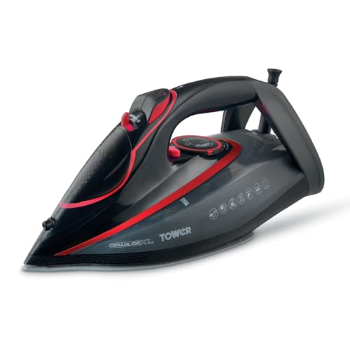 Tower T22032RED Steam Iron with Ceraglide XL Ceramic Soleplate, Adjustable Temperature Control, Anti-Drip & Anti-Calc, Auto Shut Off 350ml Water Tank, 3100W, Red & Black