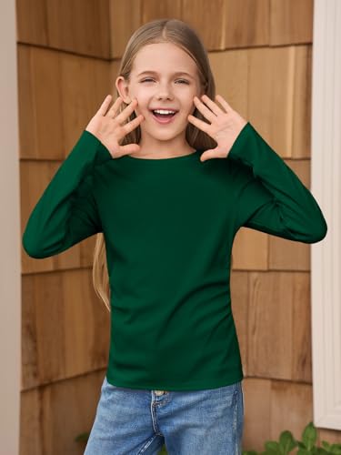Image of Haloumoning Girls Long Sleeve Shirts Crewneck Ruched Side Slim Fit Tops Ribbed Knit Casual Tee Shirt 4-15 Years