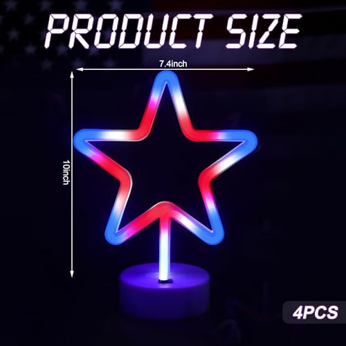 Image of 4 Pcs 4th of July Neon Star Lights, Patriotic LED Neon Star Signs Powered by USB Cable /Battery, Red White Blue Patriotic Light for Home, Tabletop, Window Memorial Day Independence Day Decor