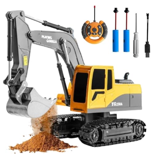 Playing Gorilla Remote Control Excavator Toys for Boys, Metal Mini RC Excavator with Extra Rechargeable Batteries, 1:24 Scale Construction Toys for Kids Age 3-5 4-7 8-12 Christmas Birthday Gift