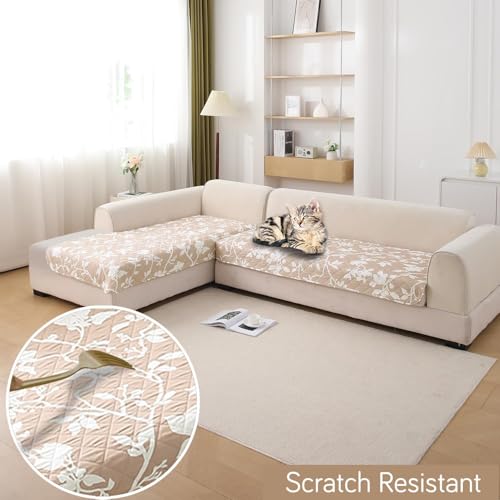 Image of HOKIPO 'Elira Series' Printed Water Repellent + Waterproof Quick Dry L Shape (3+2 Seater) Sofa Seat Cover Mat, Buff Brown Sillehoute Floral (NEW-AR-5249-C7 + NEW-AR-5246-C7)