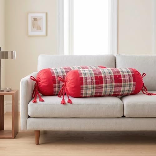 Image of SAJAVAT HOME Pure Cotton Bolster Cover | Decorative Round Cylindrical Pillow Cover for Sofa, Bed & Diwan | Soft & Breathable Cushion Cover | Red Check | Pack of 1