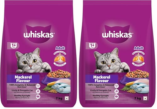 Image of Whiskas Adult (1+ Years) Dry Cat Food, Mackerel Flavour, 7 kg, Contains 41 Essential Nutrients, Complete & Balanced Nutrition for Adult Cats (Pack of 2)