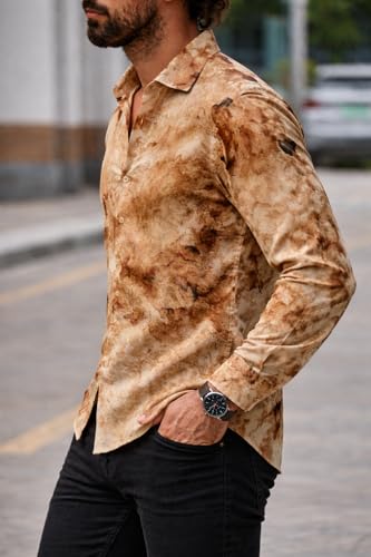 Image of Men's Regular Fit Button Down Dress Shirts, Textured Long Sleeve Casual Hawaiian Shirt