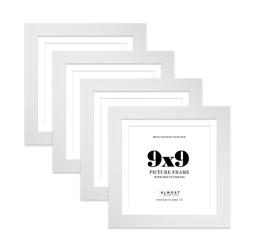 9x9" White Square Frame With Mount for 8x8" Pictures 28mm Edge Frame Display with Wall Hooks and Kickstand, 4 Pack
