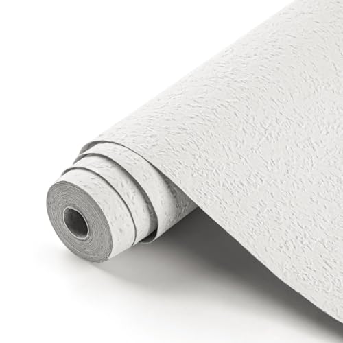 WINSOME Woodchip Wallpaper for Bedroom Paintable White Embossed Textured Wood Effect Living Room Wallpaper for Home Decoration and Renovation 10m Roll