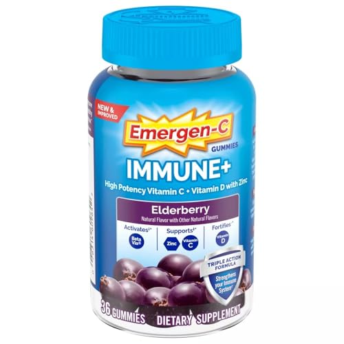 Emergen-C Immune+ Elderberry Gummies, 750 mg Vitamin C with Vitamin D, Zinc and Electrolytes, Immune Support Dietary Supplement, Caffeine Free, Gluten Free, Elderberry Flavor – 36 Count