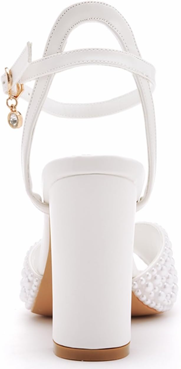 Beauty Admire 3.75 Inches White Pearls Peep Toe Block Heel Sandals Bridal Chunky Heels Women's High Heel Sandals Pump Shoes Bride Wedding Party Evening Dress Shoes