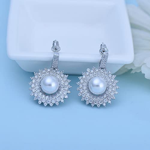 Boucles d'oreilles halo perle en plaqué argent et zircones d'exception