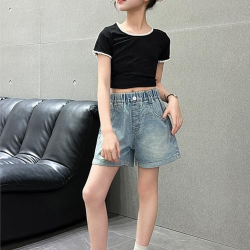 Girls Denim Shorts Bow Graphic Elastic High Waist Baggy Wide Leg Loose Fit Jeans Shorts with Pockets2