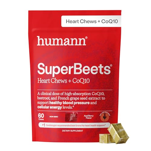 HumanN SuperBeets 3-in-1 Heart Chews - 3X Absorption CoQ10 - Plus Beetroot & Grape Seed Extract Blood Pressure Support Support Healthy Blood Flow Circulation 60 Count