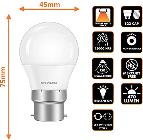 SYLVANIA G45 Mini Globe Frosted LED Light Bulb, B22, 5W, 470 Lumens, Warm White 2700K - 6 Pack, 45mm (diameter only) - Image 2