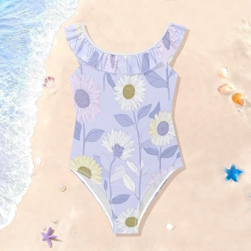 Bañador de niña cómodo SyXIOP lila con girasoles que evita rozaduras en la piscina 2