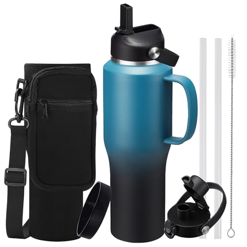 Image of 32 40 OZ Insulated Water-Bottle with Handle - Straw & Chug Lid, Strap Carrier Bag & Protective Boot, Stainless Steel Coffee Travel Tumblers, Leak-Proof, Skinny Flask Fit in Car Cup Holder