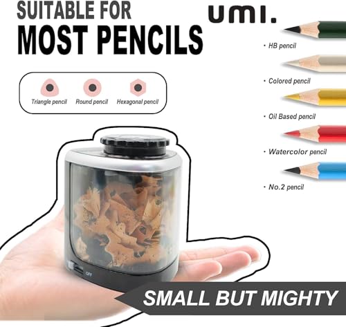 Image of Amazon Brand - Umi Electric Pencil Sharpener, Portable Battery-Powered Sharpener with Transparent Shavings Box, Fits 6-8mm Pencils, Dual Automatic & Manual Modes for School, Office, Home Use (Black)