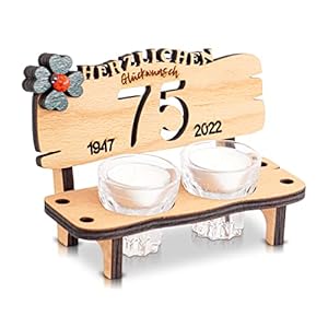 DARO Design – Schnapsbank Jahreszahl 75 Jahre Holz 2 Schnapsgläser 2 Kerzen Kleeblatt Jahrestag Geburtstag…