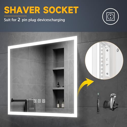 ELEGANT Bathroom Led Backlit Mirror with Shaver Socket and Bluetooth Speakers | 600 x 500 mm | Sensor Touch | 3 Colors Dimmable + Demister | Smart Illuminated LED Bathroom Mirror