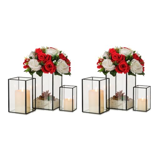 Glass Hurricane Candle Holder Large - Hewory 6pcs Black Rectangle Flower Holders Centerpiece for Table, Tall Floor Square Pillar Candle Lantern for Wedding, Anniversary, Party, Fireplace, Dining Room