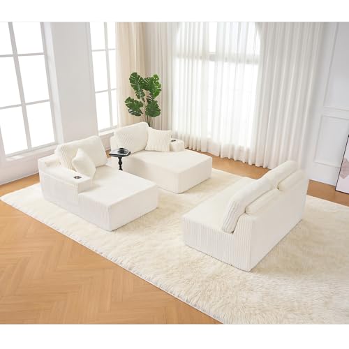 Image of 130 inch Modular Sectional Sleeper Sofa, Modern Cloud Sectional Sofa Couch with Cupholders and Storage, U Shape Boneless Couches for Living Room, Free Combination, No Assembly Required,Beige