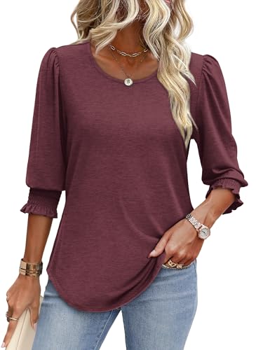 XIEERDUO Blouses for Women Dressy Casual 3/4 Length Sleeve Womens Tops with Smocked Cuffs2