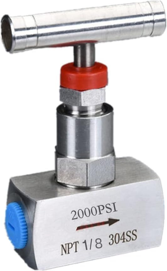 Barstock Needle Valve, T-Pattern Straight, 304 Stainless Steel, 1/8" NPT 2000 PSI, Manual Flow Control for Instrument Isolation, Calibration, Metering & Flow Regulation, Lab, Gas Chromatography