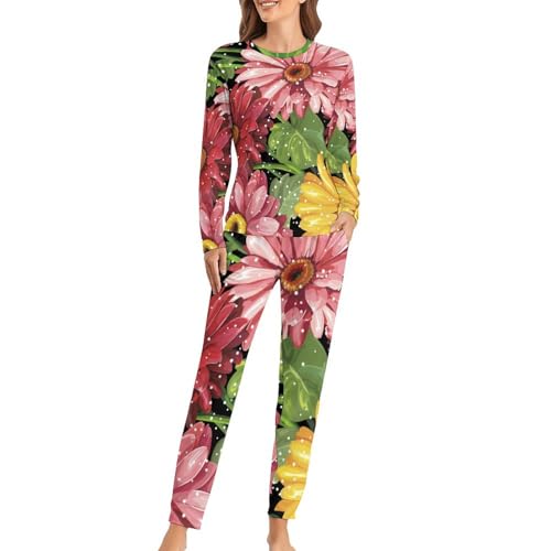Pyjama femme fleurs de couleur contre le froid nocturne avec pantalon fluide